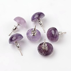 半円形のドーム天然アメジストスタッドピアス  プラチナメッキ真鍮パーツ  18mm  ピン：0.8mm&nbsp;EJEW-L171-08