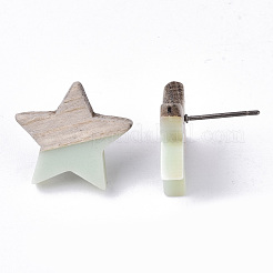 樹脂と木のスタッドピアス  304ステンレスピン付き  スター  アクアマリン  17x18mm  ピン：0.7mm&nbsp;EJEW-N017-001A-C03