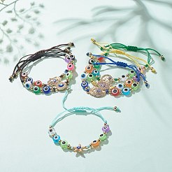 12 個 12 スタイル樹脂ナザールボンジュウ編組ビーズ ブレスレット セット  ヒトデ & 馬の目 & ハムサの手 & 生命の木 & 魚 & 蝶 & インフィニティ リンク 調節可能な女性用ブレスレット  ミックスカラー  内径：1-1/8~3インチ（2.6~7.6cm）  1個/スタイル&nbsp;BJEW-JB08337