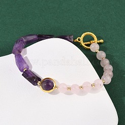 Natural Rose Quartz & Natural Amethyst & Brass Round & Prism Beaded Bracelets for Women&nbsp;BJEW-G752-01G-06
