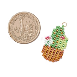 ガラスシードビーズのサボテンペンダント  304ステンレススチール製丸カン付き  18KGP本金メッキ  グリーン  31.5x18x2mm  穴：3mm&nbsp;PALLOY-MZ00898-05