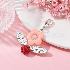 アクリルフラワーペンダント装飾  ポリマークレイのラインストーンビーズと亜鉛合金カニカン付き  ミックスカラー  52mm&nbsp;HJEW-JM01312