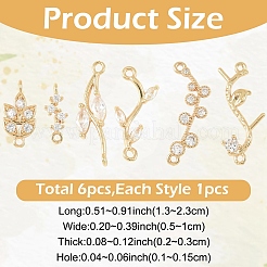 6Pcs 6 Styles Brass Micro Pave Cubic Zirconia Leaf Branch Links Connector Charms&nbsp;KK-YW0004-38-RS