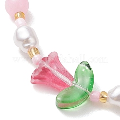 天然染色の黄翡翠とプラスチックの模造真珠の編み込みビーズブレスレット（女性用）  花  編組ナイロン糸で  ピンク  内径：2.03~3.41インチ（5.15~8.65cm）&nbsp;BJEW-MZ00308-01