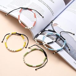 調整可能ナイロンコードビーズ編みブレスレット  ガラスシードビーズと真鍮ビーズ  ミックスカラー  内径：2-3/8~3-3/4インチ（5.9~9.4cm）&nbsp;BJEW-JB05480