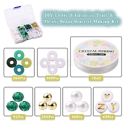 DIYレター＆イミテーションパール＆ヘイシビーズブレスレット作りキット  ディスクポリマークレイと電気メッキガラスとabsプラスチック模造真珠とメッキアクリルビーズを含む  伸縮性のある糸  グリーン  ビーズ：1132個/セット&nbsp;DIY-YW0005-23A