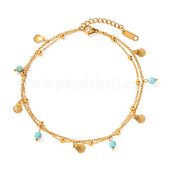 Synthetic Turquoise Round & 304 Stainless Steel Shell Shape Charm Double Layer Anklets for Women&nbsp;FS-WG7A7AF-01