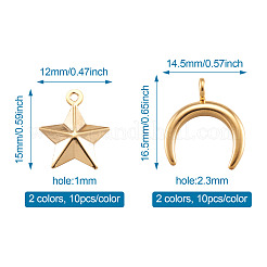 304ステンレスペンダント  星と三日月  ゴールデン·ステンレス鋼色  15x12x4mm  16.5x14.5x2mm  穴：1mm＆2.3mm  40個/箱&nbsp;STAS-TA0004-39