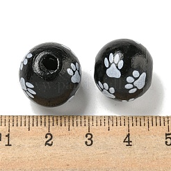プリントウッドヨーロピアンビーズ  足跡模様で丸い  ブラック  15.5~16mm  穴：4~4.5mm&nbsp;WOOD-G022-09G