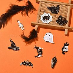 20個10スタイルアロイエナメルペンダント  頭蓋骨と骸骨のあるコウモリと猫の本  ハロウィン用  ライトゴールド  ブラック  20.5~27x10~27x1~3.5mm  穴：1.2~2mm  2個/スタイル&nbsp;ENAM-CJ0004-33