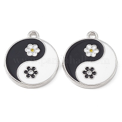 合金エナメルチャーム  フラットラウンド、陰陽と花のチャーム付き  プラチナ  21x18x2mm  穴：1.8mm&nbsp;FIND-C019-36P