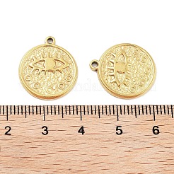 304ステンレスペンダント  テクスチャード加工のフラットラウンド、アイチャーム付き  ゴールドカラー  18.5x16.5x2mm  穴：1.4mm&nbsp;STAS-P364-12G