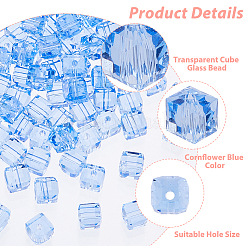 2連売り透明ガラスビーズ連売り  キューブ  多面カット  コーンフラワーブルー  6~7x7.5x7.5mm  穴：1.4mm  約98個/連  29.29インチ（74.4cm）&nbsp;GLAA-HS0001-12C
