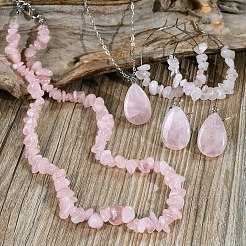 Bohemian Style Natural Rose Quartz Teardrop Pendant Necklaces & Chip Beaded Necklaces & Hoop Earrings & Dangle Earrings Sets&nbsp;WG11994-04