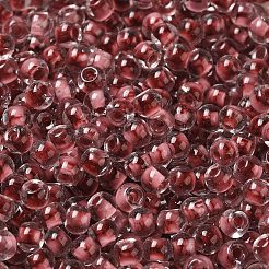 透明なガラスの丸いシードビーズ  色の内側  ラウンド  インディアンレッド  6/0  4x3mm  穴：1.2mm  約7258個/ポンド&nbsp;SEED-B001-05A-21