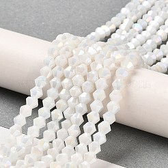 不透明なソリッドカラーの電気めっきガラスビーズ連売り  ABカラーメッキ  多面カット  双円錐形  ホワイト  4x4mm  穴：0.8mm  約75~78個/連  28~29cm&nbsp;LS-EGLA-A039-P4mm-B15