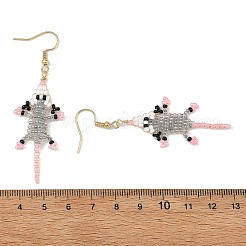 304ステンレススチール製、ガラスシードビーズ付きドロップピアス  マウス  ゴールドカラー  67x22mm&nbsp;EJEW-MZ00825