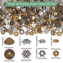 360Pcs 12 Styles Tibetan Style Alloy Bead Caps&nbsp;TIBE-SC0002-35