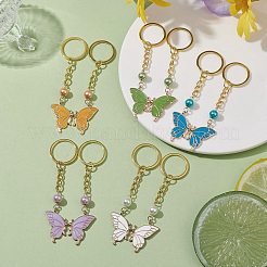 5 ペア 5 色の蝶合金エナメルキーホルダー  ガラスパールビーズと鉄のスプリットキーホルダー付き  ミックスカラー  10cm  1ペア/カラー&nbsp;KEYC-JKC00712