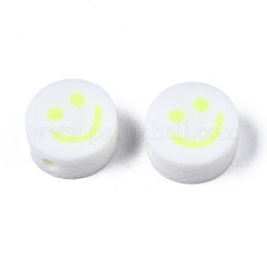 手作り樹脂粘土ビーズ  ジュエリー工芸用品のDIY用  笑顔とフラットラウンド  緑黄  10x4~4.5mm  穴：1.8mm&nbsp;X-CLAY-N008-040M