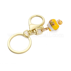 幸運の猫の磁器ペンダントキーホルダー  鉄製キーチェーンリングと合金製ロブスタークロー留め金付き  ゴールド  8.5cm&nbsp;KEYC-G064-03B