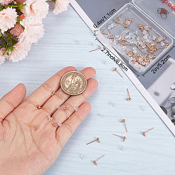 真鍮スタッドピアス金具60個  丸玉スタッドピアスポスト  水平ループと 100 個のプラスチック イヤー ナット付き  長持ちメッキ  ニッケルフリー  18KGP本金メッキ  13mm  穴：1.2mm  ピン：0.7mm&nbsp;KK-BBC0004-99