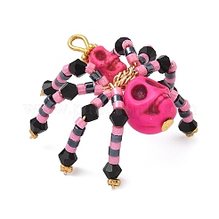 ハロウィーンをテーマにした染色された合成ターコイズとガラスシードビーズペンダント  スカルスパイダーチャーム  濃いピンク  32x32x18mm  穴：3x2.5mm&nbsp;PALLOY-MZ00774-01