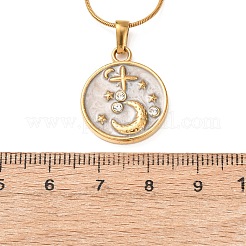 女性用304ステンレススチール製クリスタルラインストーンペンダントネックレス  白いエナメル  フラットラウンド  15.83インチ（40.2cm）&nbsp;NJEW-F378-01G-01