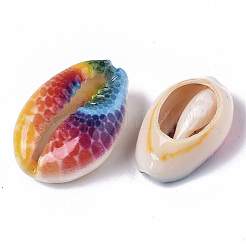 プリントされた天然のカウリーシェルビーズ  穴なし/ドリルなし  海洋生物模様  カラフル  18~21x12~15x7mm&nbsp;X-SSHEL-R047-01-D02