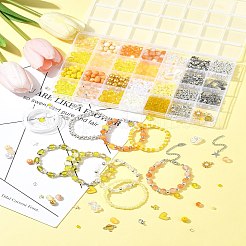 DIY 合金エナメル & ガラス & ABS プラスチック模造真珠ブレスレット ジュエリー作成キット  混合図形  きいろ  8mm  穴：1.3~1.6mm  2色  15個/カラー  30pc&nbsp;DIY-FS0007-52