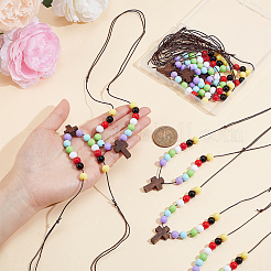 Wood Cross with Acrylic Beaded Pendant Necklaces for Women&nbsp;NJEW-AB00011