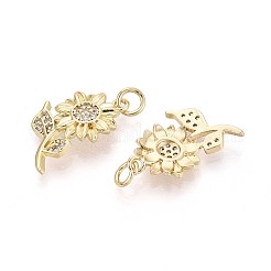真鍮製マイクロパヴェキュービックジルコニアペンダント  花  丸カン付き  16KGP本金メッキ  20.5x13x4mm  穴：3mm&nbsp;KK-T071-125G