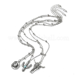 3Pcs 3 Styles Retro Alloy Synthetic Turquoise Cow Head/Cactus/Oval Pendant Satellite Chain Necklace Sets for Women&nbsp;NJEW-B120-01C