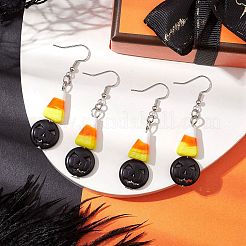 ハロウィーンのキャンディコーンの手作りランプワークのダングルイヤリング  女性用ブラックパンプキン合成ターコイズ真鍮ジュエリー  プラチナ  カラフル  58x15mm&nbsp;EJEW-JE05870