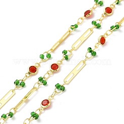 本物の 18k ゴールド メッキの真鍮の楕円形とフラット ラウンド リンク チェーン  ガラスビーズ  ハンダ付け  スプールで  鉛フリー＆カドミウムフリー＆ニッケルフリー  グリーン  10x4.5x1.7mm  15x2.5x0.3mm&nbsp;CHC-F844-10C
