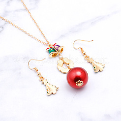 クリスマス合金エナメルペンダントネックレス＆ダングルイヤリング  ゴールドカラー  クリスマスツリー  21x11ミリ＆450mm  ペンダント：24x18mm&nbsp;FS-WG15A06-01