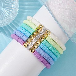 6Pcs 6 Color Polymer Clay Disc & Rhinestone Beaded Stretch Bracelets Set&nbsp;BJEW-JB09673
