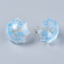 印刷されたアクリルパーツ  ゴールデンメッキ真鍮パーツ  花柄の3d傘  ライトスカイブルー  22~24x18x18mm  穴：1.2~1.8mm&nbsp;KY-S163-397D