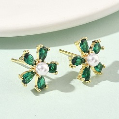 花の真鍮キュービックジルコニアスタッドピアス  absプラスチックパール  カドミウムフリー＆鉛フリー  長持ちメッキ  ラックめっき  18KGP本金メッキ  グリーン  13.5x14mm&nbsp;EJEW-P336-06G-07
