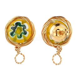ハンドメイド ミッレフィオーリ ランプワーク イヤリング スタッド セッティングとイヤー ナット  304ステンレス鋼の金具と銅線付き  きいろ  10mm  穴：2.5mm  ピン：0.6mm&nbsp;EJEW-JE04418-02