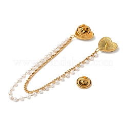 304 Stainless Steel Micro Pave Clear Cubic Zirconia & ABS Pearl Heart Hanging Chain Brooch&nbsp;JEWB-S021-09G