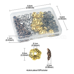200 個 4 色 6 花びらチベット スタイル合金フラワー ビーズ キャップ  ミックスカラー  6x2mm  穴：1mm  50個/カラー&nbsp;TIBE-FS0001-03
