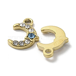 304ステンレススチールチャーム  アクアマリンラインストーン付き  三日月  14KGP本金メッキ  13.5x10x2mm  穴：1.8mm&nbsp;STAS-L022-060G-01