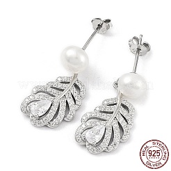 Anti-Tarnish Cubic Zirconia Feather with Natural Pearl Dangle Stud Earrings&nbsp;EJEW-F318-14P