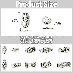 100個 10スタイル チベットスタイル 亜鉛合金スペーサービーズ  コラム  アンティークシルバー  8~15x4~6.5mm  穴：1.4~2.5mm  10個/スタイル&nbsp;FIND-CJ0004-94