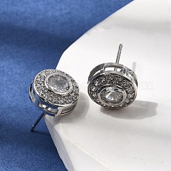 フラットラウンド真鍮マイクロパヴェクリアキュービックジルコニアスタッドピアス  パヴェクラスターイヤリング  長持ちメッキ  ラックめっき  鉛フリー＆カドミウムフリー  プラチナ  10.5mm&nbsp;EJEW-H180-13P