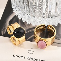 304ステンレススチールオープンカフリング  女性用楕円形天然宝石リング  18KGP本金メッキ  イオンプレーティング（ip）  9.5mm  調整可能&nbsp;RJEW-Z078-11G