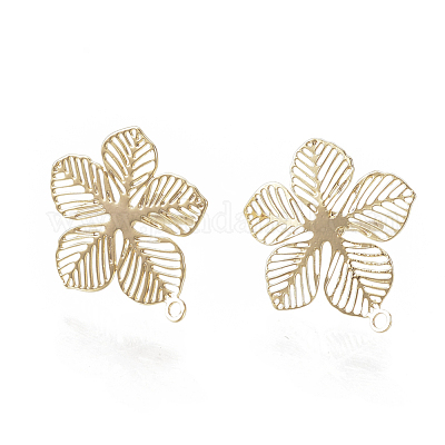 真鍮製スタッドピアスパーツ  カン付き  花  ニッケルフリー  18KGP本金メッキ  14.5x13mm  穴：1mm  ピン：0.6mm&nbsp;KK-S345-257G-1