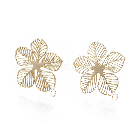 真鍮製スタッドピアスパーツ  カン付き  花  ニッケルフリー  18KGP本金メッキ  14.5x13mm  穴：1mm  ピン：0.6mm&nbsp;KK-S345-257G-1