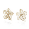 Brass Stud Earring Findings, with Loop, Flower, Nickel Free, Real 18K Gold Plated, 14.5x13mm, Hole: 1mm, pin: 0.6mm